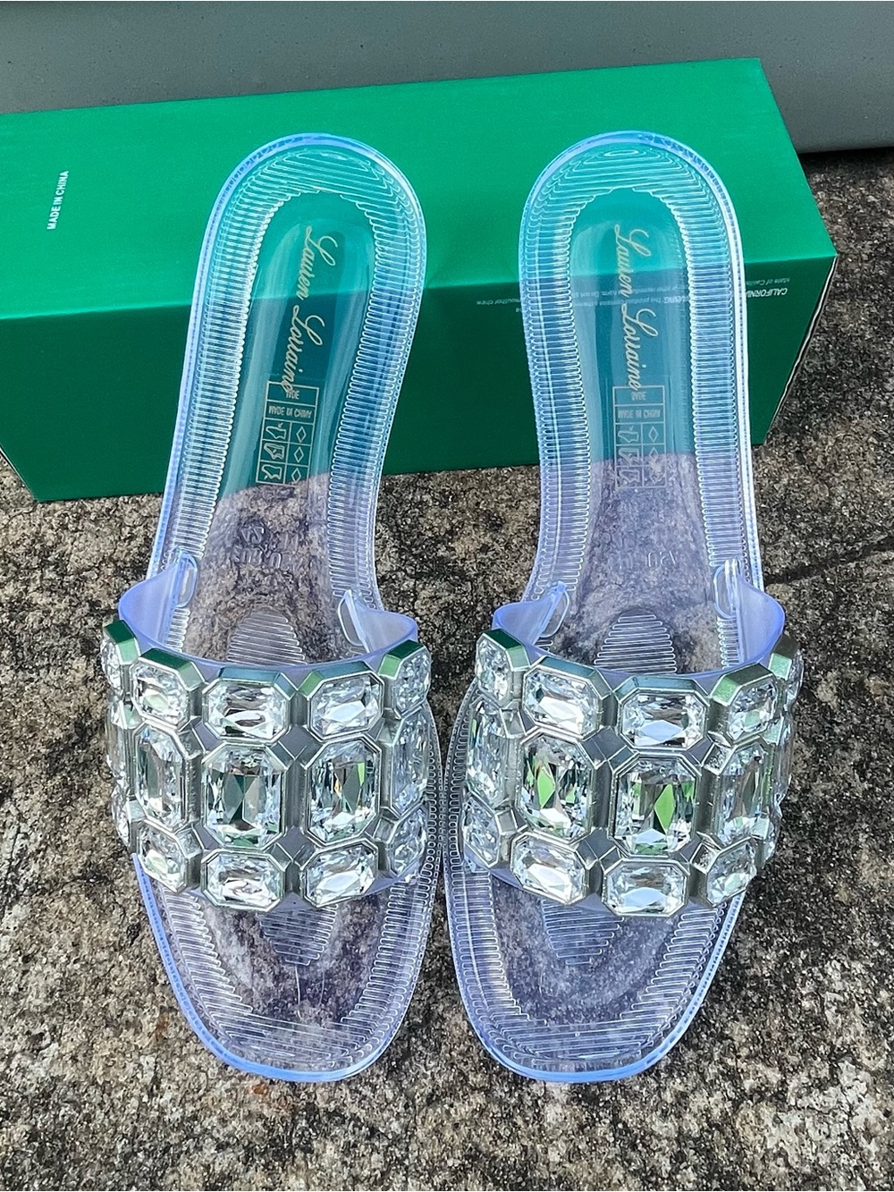 Lauren Lorraine Clear Slide Sandals with Silver Crystal Accents